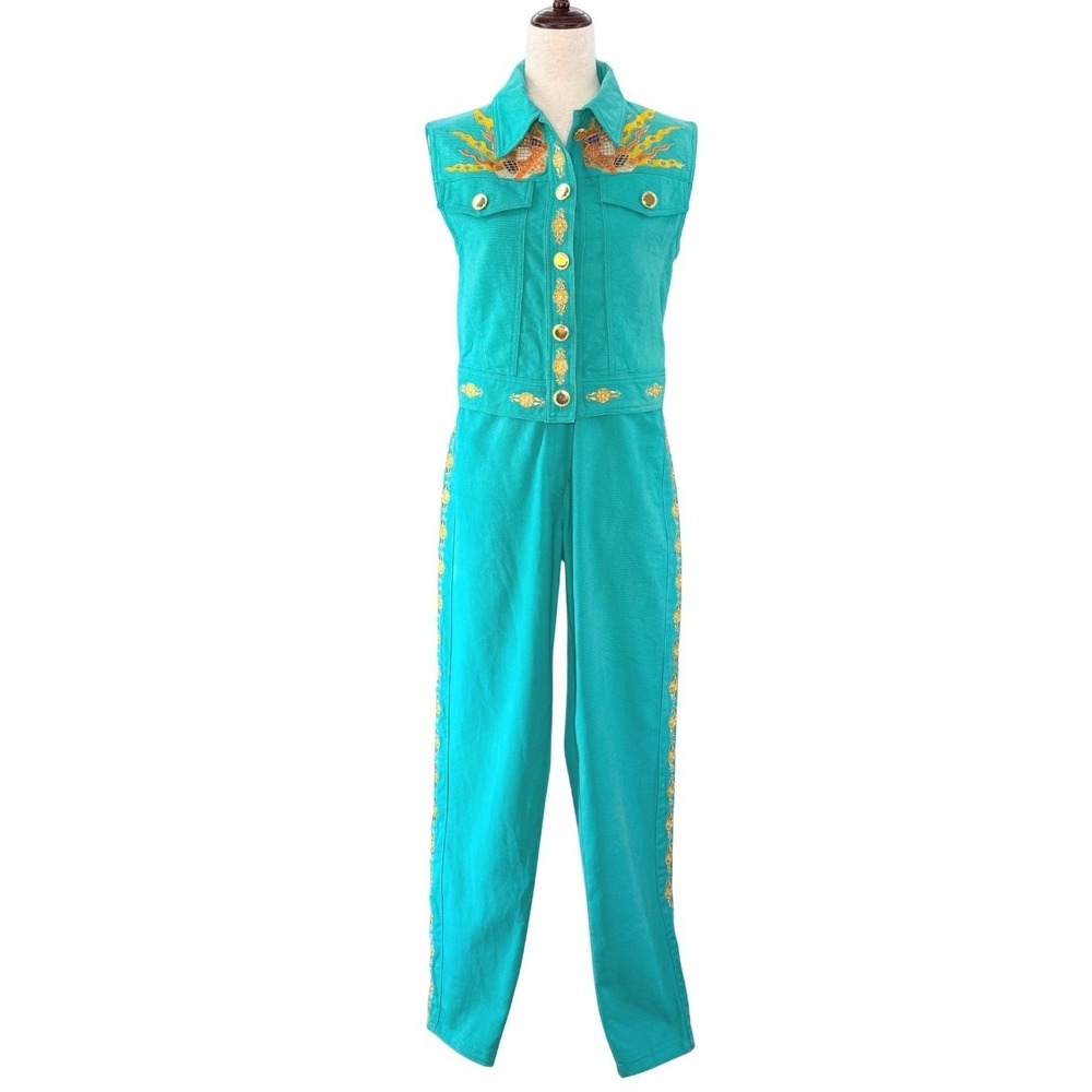 Christian Llinares Denim Vest Pant Set Teal‎ Sunburst Embroidery 90s US Size 8